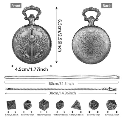 Mini DND Dice Set with Steampunk Paladin Pocket Watch Shell Case, DND Starter Set, 7pcs Polyhedral Mini Metal Dice Set, D&D Gifts with Gift Box, Role Playing Board Game Accessories, Silver - color: Dark Silver + Gift Box