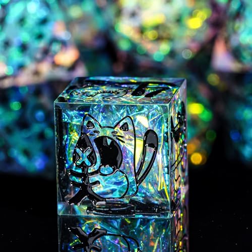 Cusdie 7-Die Sharp Edges DND Dice Set, Cat Pattern Polyhedral D&D Dice Set for DND TTRPG Role Playing Games - color: Cat Pattern-transparent Black