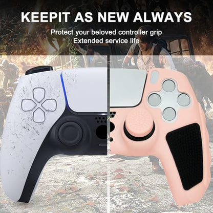 Anti-Slip Peach Pink PS5 Controller Skin,Soft Thicken Studded Protective Silicone Cover Skin Grips Compatible with PS5/Slim/Pro Controller and 8 PCS Thumb Grips Caps. - color: Peach Pink & Black
