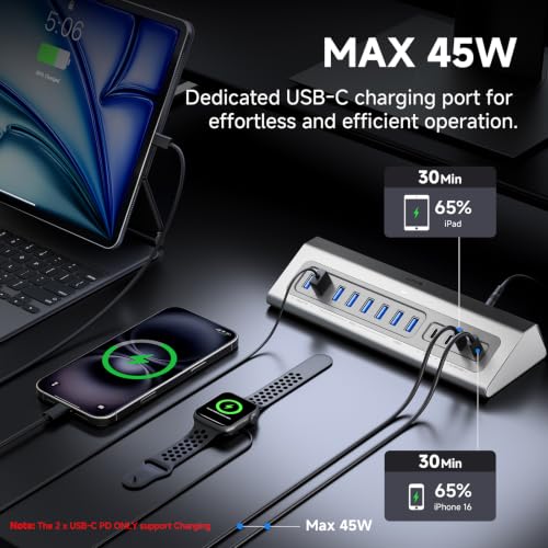 Gitfos Powered USB Hub, 15 in 1 USB 3.2 Hub, USB C Hub, 10Gbps, PD 100W | 2 USB C 45W Charge • 8 USB-A • 2 USB-C • 65W Adapter • 3.3FT Cable • Aluminum Desktop USB Hub for PC,Mac,Mac Mini,iMac,iPad - size: 15 IN 1