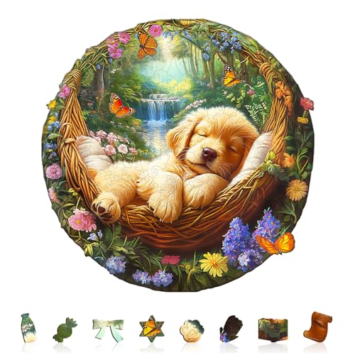 Wooden Puzzles for Adults, Sleeping Puppy Wood Puzzles Adult, Unique Animal Shaped Wooden Jigsaw Puzzle, Creative Birthday Gifts for Friends/Family/Puzzle Lovers, Home Decor(M-11.4 * 11.4in 200pcs) - color: Sleeping Puppy, size: Medium