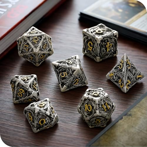 MoKo Dragon Hollow Metal DND Dice Set, Sliver+Gold | 7 Pcs Polyhedral, D20 D12 D10 D8 D6 D4, For Dungeons and Dragons RPG Games, With Gift Box - color: 4 - Sliver+gold