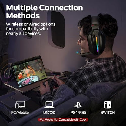 Monster Mission ANC200 Gaming Headset, 2.4GHz/Bluetooth Gaming Headphones with Active Noise Cancellation, 7.1 Virtual Surround Sound, Stealth Retractable Mic, 70H Battery, for PS5, PS4, PC, Switch