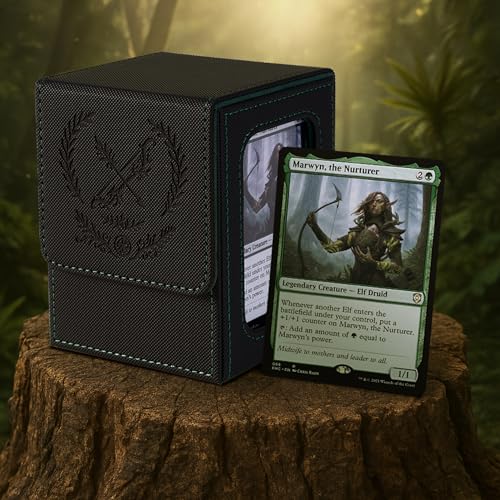 Venssu MTG Deck Box with Commander Display, Elf Card Deck Case Fits 120 Single Sleeved Cards, TCG Card Storage Box with 2 Dividers and 1 Toploader (Black＆Green) - color: Elf