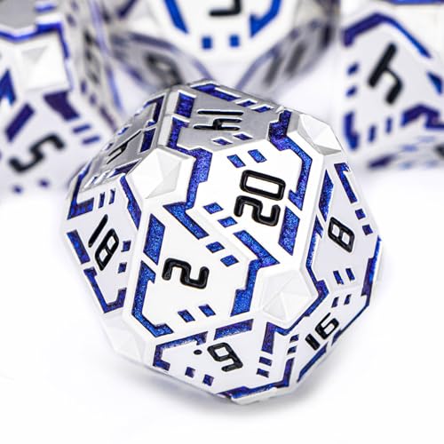 Metal DND Sci-fi Dice Set 7PCS Stripe Polyhedral Dice for Dungeons Dragons RPG Role Playing Game, Glitter D and D Dice with Gift Box D6 D8 D10 D12 D20 (Silver Blue) - color: Silver Blue
