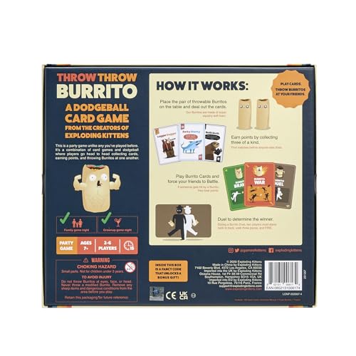 Exploding Kittens Throw Throw Burrito, 2-6 Players, 7+ Fast Card Game | Collect matching cards, score points, and throw squishy foam burritos in this fast-paced dodgeball card game. - size: 9 inches x 10 inches x 3 inches, style: Original Edition