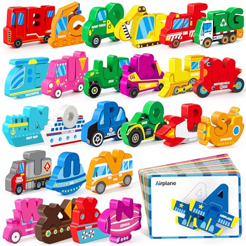 Wooden Vehicle Alphabet Puzzle for Toddlers, Traffic ABC Letter Sight Words Matching Game with 52 Blocks and Flash Cards, Spelling Game Toys, Kindergarten Preschool Learning Activities