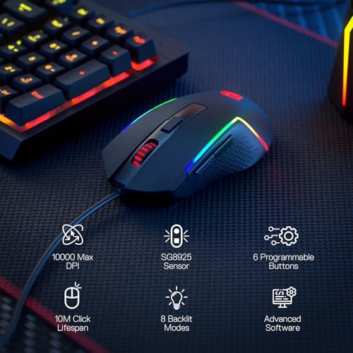Redragon M616 Wired RGB Optical Gaming Mouse 10000 DPI Remapping Keys | Redefine Keybinding Macro, Vibing Backlight, Ergonomic Grip Body Comfort, Stable Lag-Free Connection Ready for FPS Battles