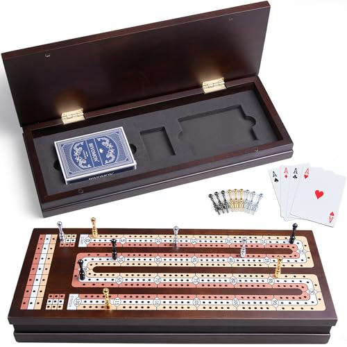 BIVOMON Wooden Cribbage Board Game Set with Large Storage Area, 3 Track Cribbage Board, 9 Metal Pegs｜2 Playing Cards｜Magnetic Lock, Family Travel Portable Tabletop Game for Adults & Kids (Instruction)