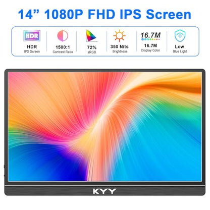 KYY Portable Laptop Monitor,14"1080P Travel Computer Screen with VESA Mount | 14"USB-C & HDMI Computer Gaming Screen with Smart Cover, Dual Speakers, for Mac PC Phone Xbox PS5 Switch, K5-3