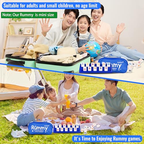 Doublefan Mini Rummy Cube Game, Mini Size Rummy Set with Portable Canvas Bag, Small Travel Board Game for Adult and Kids,160 Tiles, 6 Playing Rack, 1 Dice (2-6 Players) - style: Mini Size (2-6 Player)