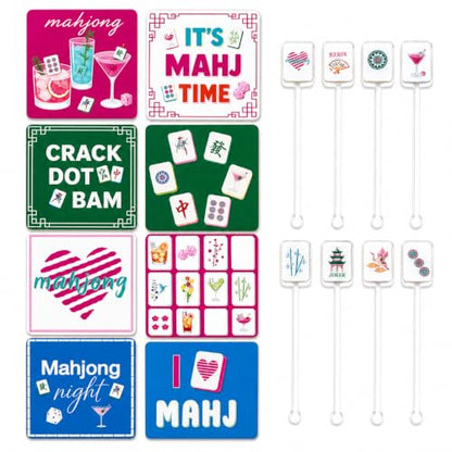 Mahjong Coasters and Drink Stirrers Set, 16-Piece Mahjong Accessories with 8 Square 4-Inch Coasters and 8 Acrylic Cocktail Swizzle Sticks, Gifts for Women and Game Night.