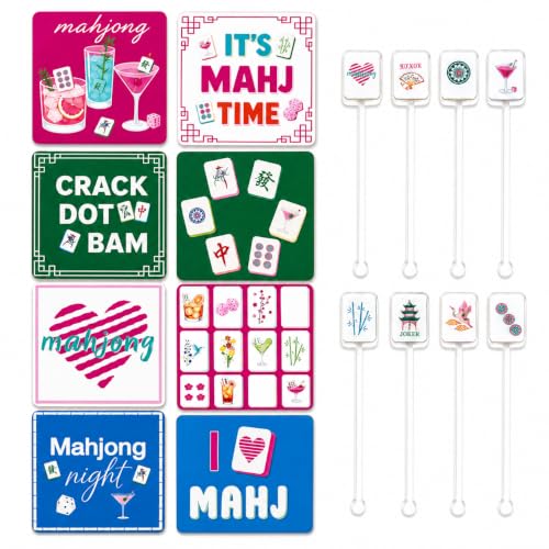 Mahjong Coasters and Drink Stirrers Set, 16-Piece Mahjong Accessories with 8 Square 4-Inch Coasters and 8 Acrylic Cocktail Swizzle Sticks, Gifts for Women and Game Night.