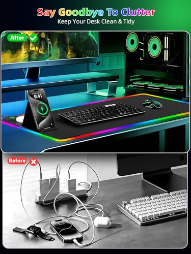 Mouse Pad with Wireless Charger Foldable Phone Holder, XXL RGB Gaming Mousepad 31.5"x15.8" Large Desk Mat for Keyboard, Black Desk Pad with Dual Qi Charging Station, 11 Colors 5 Modes - color: Black-Phone Holder-31.5"x15.8"