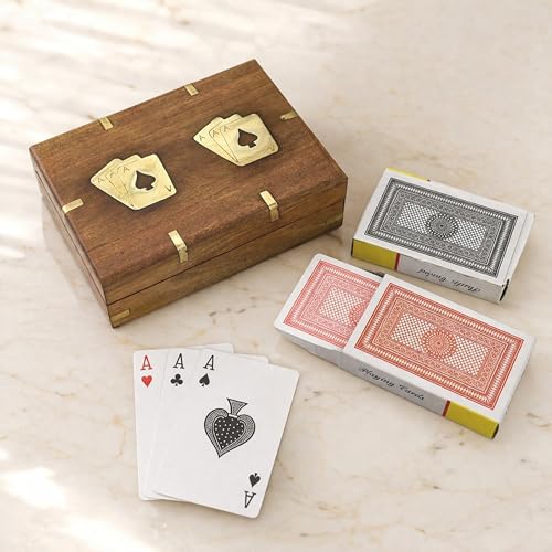 Playing Cards Holder, Handmade Wooden Card Storage Box with Brass Inlay Design, Anniversary Birthday Gifts "Made in India" (Design 2) - color: Design 2