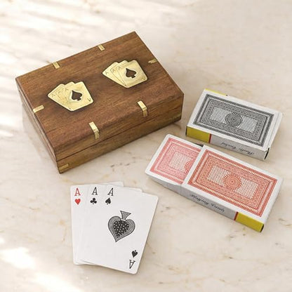 Playing Cards Holder, Handmade Wooden Card Storage Box with Brass Inlay Design, Anniversary Birthday Gifts "Made in India" (Design 2) - color: Design 2