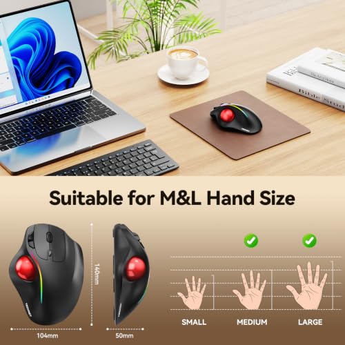 TECKNET Wireless Trackball Mouse, Bluetooth Mouse with Ergonomic, Red | 3-Device Connectivity (Bluetooth & 2.4G), 5 Adjustable DPI, RGB Lighting, PC, Mac & Laptop Compatible - color: Red