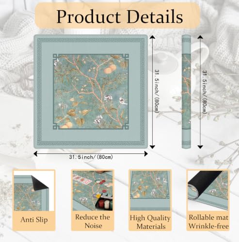 Turquoise Floral Bird Chinoiserie Mahjong Mat 31.5 x 31.5 Inch, Traditional Chinese Flower Non-Slip Noise Reduction Mahjong Table Mat for American Mah Jong Poker Card Board Games Dominoes - color: Turquoise Floral Bird