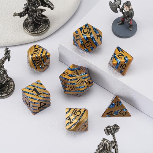 Premium Inlay Metal Dice Set, Heavy Zinc Alloy DND Dice for Serious RPG Players - color: Ancient Gold+blue
