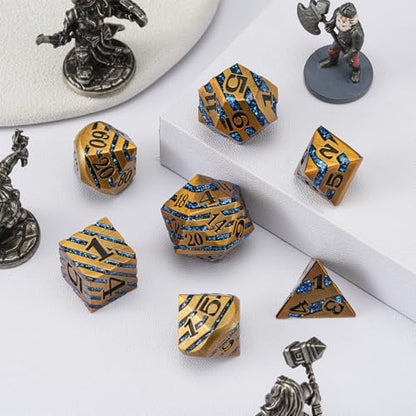 Premium Inlay Metal Dice Set, Heavy Zinc Alloy DND Dice for Serious RPG Players - color: Ancient Gold+blue
