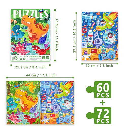 D-KINGCHY Magnetic Puzzles for Kids Ages 5+, 2-in-1 Puzzle Book 60 72 Pieces, Travel Jigsaw Puzzles, Road Trips Toys for 5 6 7 8 Boys Girls Birthday Gift (Dinosaur and Space) - style: Dinosaur and Space