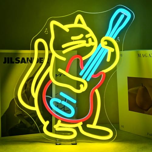 Guitar Cat Neon Sign Colorful Music LED Light Wall Decor for Bar,Club,Party | 16in*12.5in,USB powered,Five level brightness adjustment,For wedding,dancing party,bar,Valentines' Day,Birthday Party - color: Guitar Cats