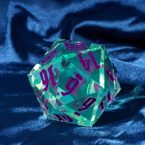 55mm 20 Sided DND Dice, Giant D20 D&D Polyhedral Dice Large D20 with Die Gift Box for Dungeons and Dragons, RPG Table Games (Transparent Green/Purple Numbers) - color: Transparent Green/Purple Numbers