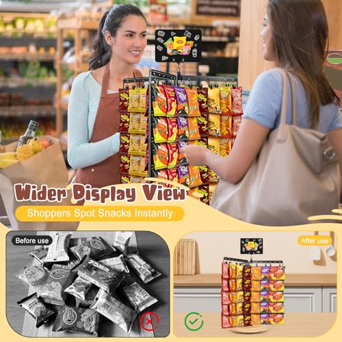 Chip Rack Display Stand, 6-Side 5-Tiers Chip Holder Display with 80 Adjustable Clips, Wooden Base Countertop Snack Organizer for Concession Stand, Parties - With Message Board & Pen - size: Fixed use