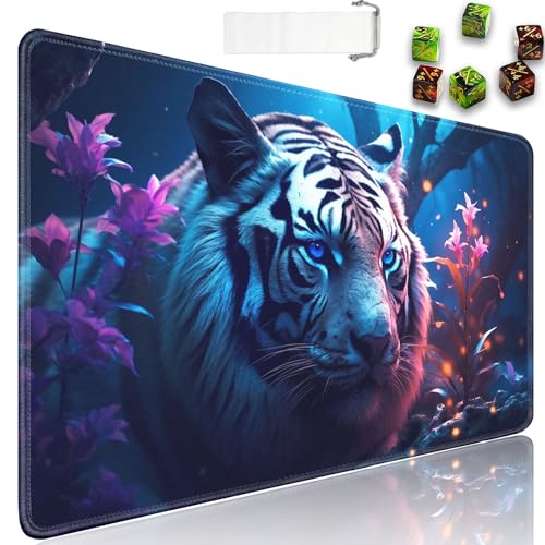 JVGFYNKL MTG Playmat + Drawstring Travel Pouch + 6 Dice Counter, for Tabletop Trading Card Game Playmats or Large Mouse Pad, Anti-Slip Rubber 24 x 14 in, Tiger Among Flowers TCG Playmat - color: JV-Playmat-1-F-161