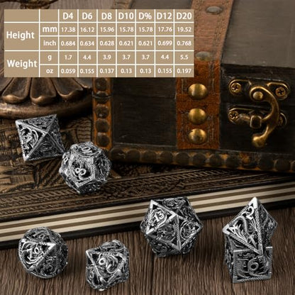 7PCS DND Dice Set, Premium Hollow Metal Polyhedral Dice with Treasure Chest & Dice Bag, Gift for Men & Women, Dungeons and Dragons, TTRPG RPG Tabletop Games(Antique Silver) - color: Antique-silver