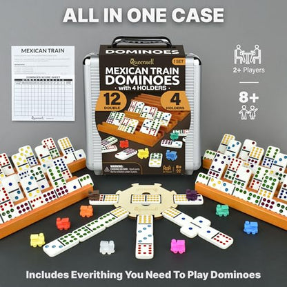 Mexican Train Dominoes Set with 4 Holders - Dominoes Double 12 with Wooden Hub and Tiles Holders - Double 12 Dominos Set for Family Game Night for Adults and Kids Ages 8 and up (D12 + 4 Holders) - style: D12 + 4 Holders