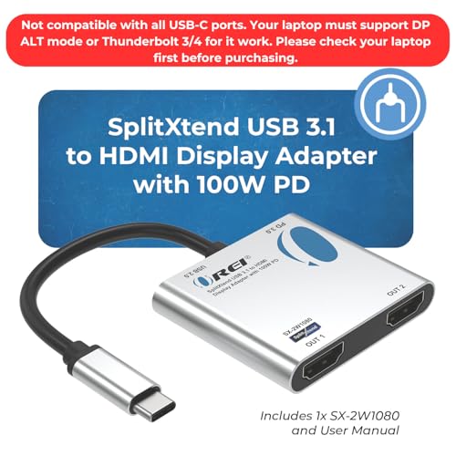 OREI SplitExtend HDMI Splitter Extended Display for Windows Only Dual Monitor - Multi-Monitor Display 3 Separate Screens - USB-C Adapter to HDMI 2.0, 4K@30Hz Outputs - 100W PD and USB 2.0 Input | OREI SplitExtend HDMI Splitter Extended Display for Windows