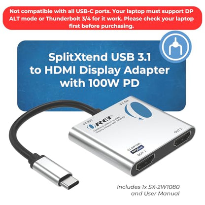 OREI SplitExtend HDMI Splitter Extended Display for Windows Only Dual Monitor - Multi-Monitor Display 3 Separate Screens - USB-C Adapter to HDMI 2.0, 4K@30Hz Outputs - 100W PD and USB 2.0 Input | OREI SplitExtend HDMI Splitter Extended Display for Windows