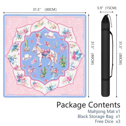 Pink Western Cowgirl Mahjong Mat, 31.5*31.5in Anti Slip Mahjong Table Cover, Noise Reduction, Neoprene Mah jongg Mat with Carrying Bag & 3 Dices, Mahjong Set Gift, Poker Board Tile Games Mats - color: Horse