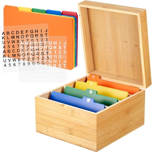Henoyso 5 x 8 Inch Index Card Holder Set, Bamboo Organizer Box with 50 Dividers & 2 Sheets Alphabet Number Stickers File Note Holders, Holds 1200 Cards for Office Business Home Kitchen, Wooden Color - color: Wooden Color, size: 5 x 8 Inches