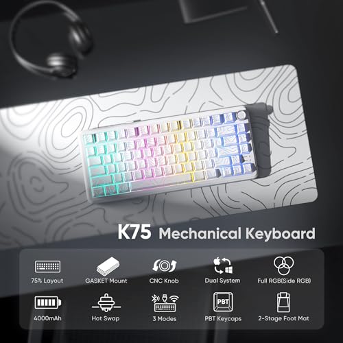 RedThunder K75 Wireless Mechanical Keyboard, CNC Knob, Tri-Mode BT5.0/2.4GHz/USB-C Hot Swappable Custom, Pre-lubed Linear Coconut Switches, Gasket Structure, RGB Gaming Keyboard, White Contour Lines - color: White Contour Lines