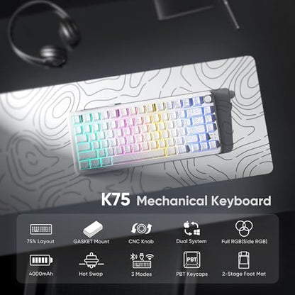 RedThunder K75 Wireless Mechanical Keyboard, CNC Knob, Tri-Mode BT5.0/2.4GHz/USB-C Hot Swappable Custom, Pre-lubed Linear Coconut Switches, Gasket Structure, RGB Gaming Keyboard, White Contour Lines - color: White Contour Lines