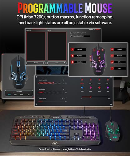 PC Gaming Keyboard and Mouse Combo Wired with Backlit, RGB Light up Mouse | 10 Extra Multimedia Buttons, 19 Anti-ghosting Keys, Waterproof, 7200 DPI Programmable Gaming Mouse with Software for PS5 Xbox