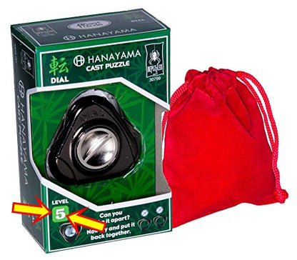 DIAL Hanayama Cast Metal Brain Teaser Puzzle New 2017 Release Level 5 Difficulty Rating Bonus Red Velveteen Drawstring Pouch Bundled Items