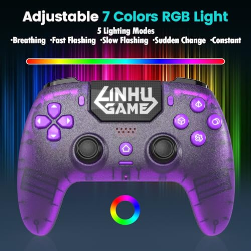 Linhugame Wireless Controller for PS5/Pro/Slim/PC, with Transparent Shell/RGB Tape Light/Hall Effect Joyticks and Trigger/Macro/Turbo/3.5mm Audio Jack/Speaker and Mic/1500 mAh Large Battery Gamepad（purple）