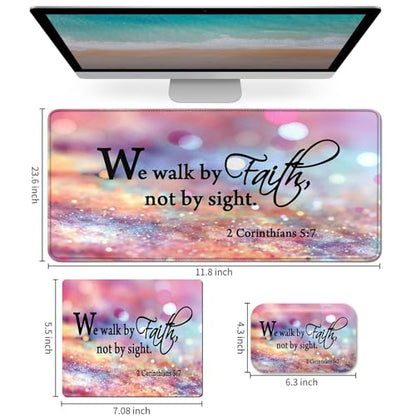 Mouse Pad Desk Mat Ergonomic Wrist Support Pad Set,Mouse Wrist Rest Keyboard Pad with Stitched Edges and Non Slip Base-We Walk by Faith Pink Purple Glitter - color: We Walk By Faith