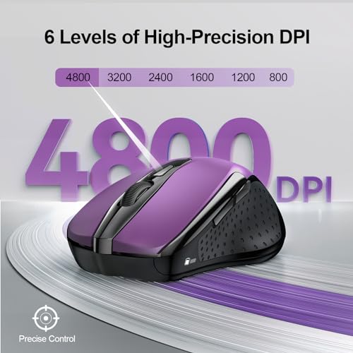 TECKNET Wireless Mouse, BT 5.0/2.4G, Silent 4800 DPI 6 Buttons, Purple | Bluetooth 5.0/3.0 & USB A, 2-Device Easy Switch, Wide OS Compatible, 6-DPI, Ergonomic for S/M Hands, Extended Battery - color: Purple