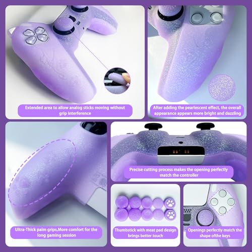 Purple Cat Glitter Anti-Slip Protective Silicone Cover Skin Grips Compatible with PS5/Slim/Pro Controller,8 PCS Glitter Thumb Grips Caps and 2 Paw Grips Caps. (Cat Purple) - color: Cat Purple