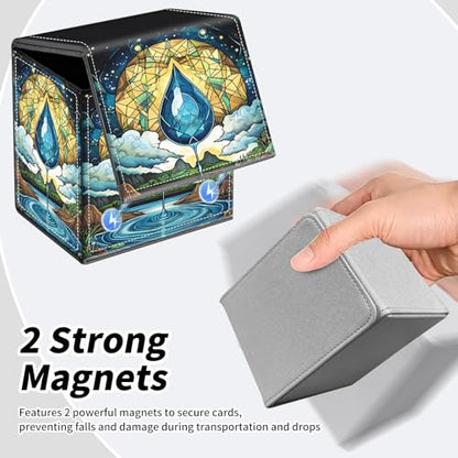 BVDIKMI Card Deck Box for MTG, Card Storage Box Fits 100+ Single Sleeved Cards, PU Leather Strong Magnet Card Deck Case Holder for Magic Commander TCG CCG, Blue Drop - color: Blue Drop