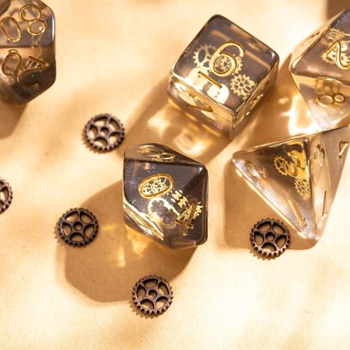 Cusdie DND Dice Set Filled with Gears Polyhedral Dice Sets for Playing DND Dice (Galaxy w/Golden Gears) - color: Galaxy W/Golden Gears
