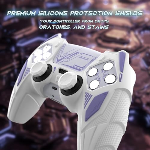 PlayVital Silicone Skin Set for PS5 Controller - Mecha Rhino Design, Anti-Slip Grip Cover Protector Compatible with Charging Dock, with Thumb Grips & Touchpad Sticker - White & Light Violet - color: White & Light Violet