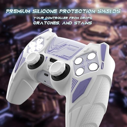 PlayVital Silicone Skin Set for PS5 Controller - Mecha Rhino Design, Anti-Slip Grip Cover Protector Compatible with Charging Dock, with Thumb Grips & Touchpad Sticker - White & Light Violet - color: White & Light Violet