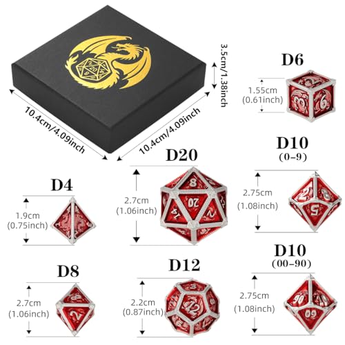 Metal Dice Set, Fly Dragon Pattern, 7pcs Polyhedral Metal DND Dice Set, DND Starter Set, D&D Gifts with Gift Box, Role Playing Board Games Accessories, Red ﻿ - color: Red