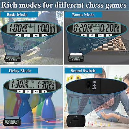 Digital Chess Clock Timer,QINFIEY Chess Timer for Board Games,Professional with Bonus Delay Count Down Up Function,Batteries Included