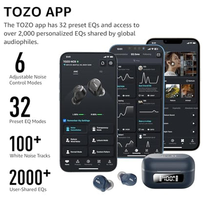 TOZO NC9 Hybrid Active Noise Cancelling Wireless Earbuds, 60H, LED Display | 6 Mic ENC Clear Calls, Deep Bass Sound, IPX8 Waterproof, in Ear Bluetooth 5.3 Headphones,32 EQs via APP, Comfort Fit Ear Buds - color: Blue